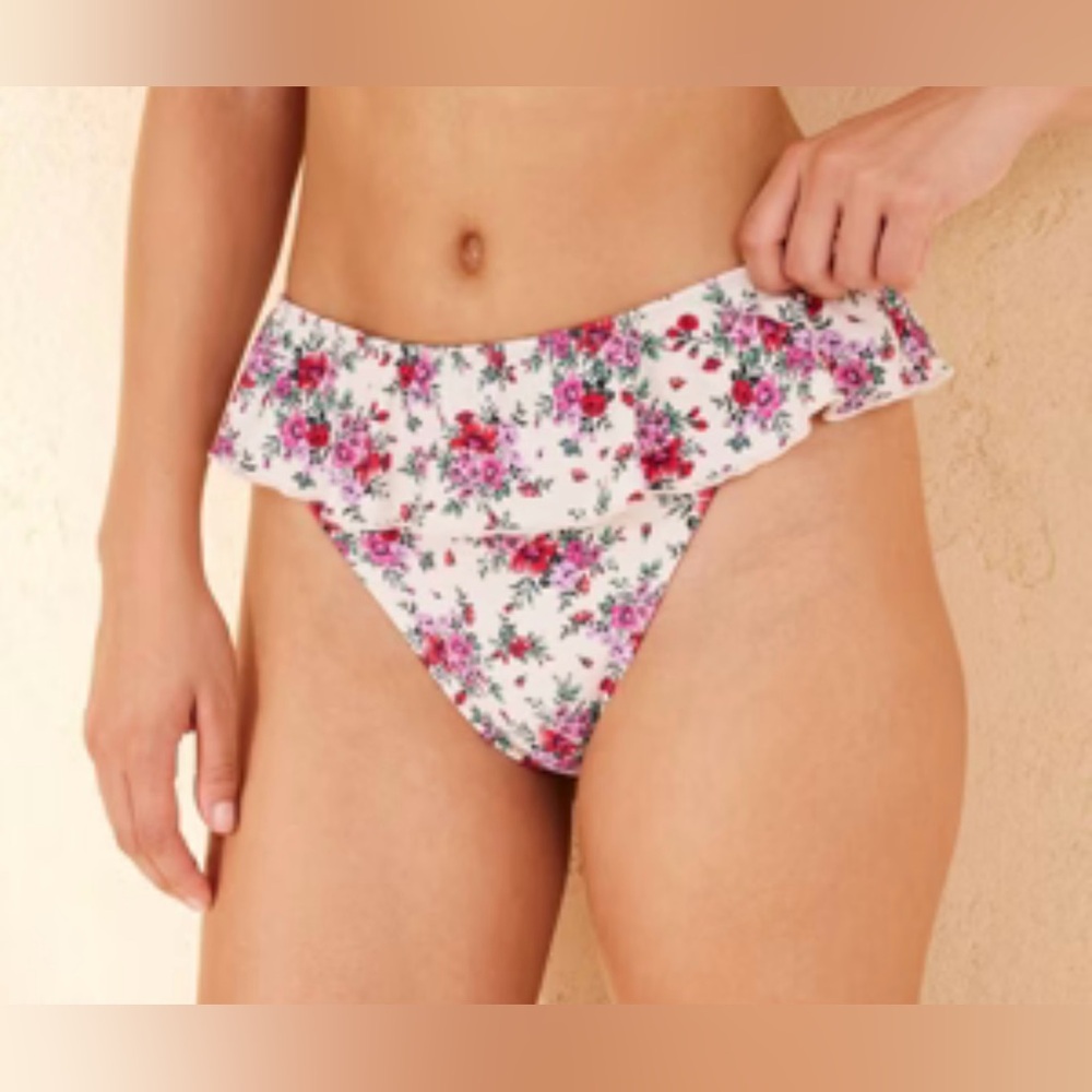 Women’s Floral Ruffle Bikini Bottom with an Off-White Base. Size XS (0-2) NWT